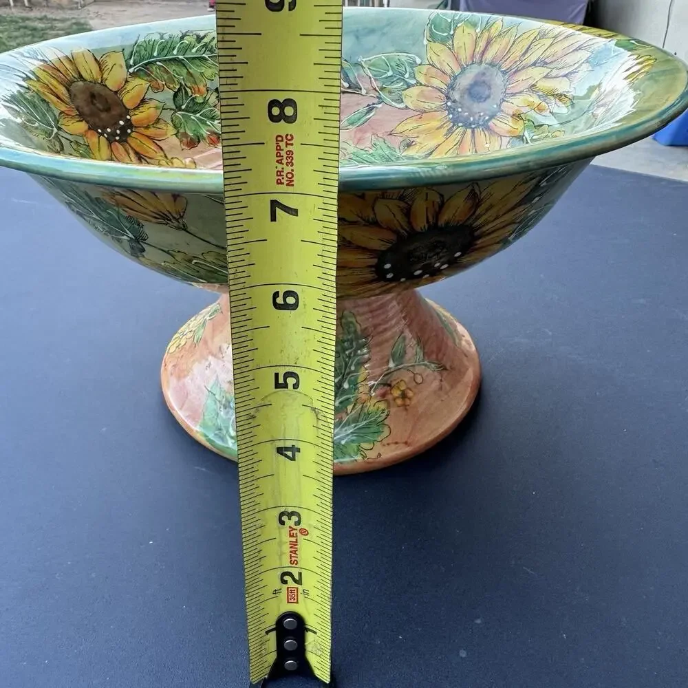 Vintage Sunflower Footed Pedestal Bowl Hand Painted Ceramic Centerpiece 12”